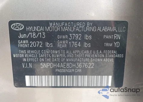 2013 Hyundai Elantra Gls z USA, uszkodzony, nr VIN 5NPDH4AE8DH367622